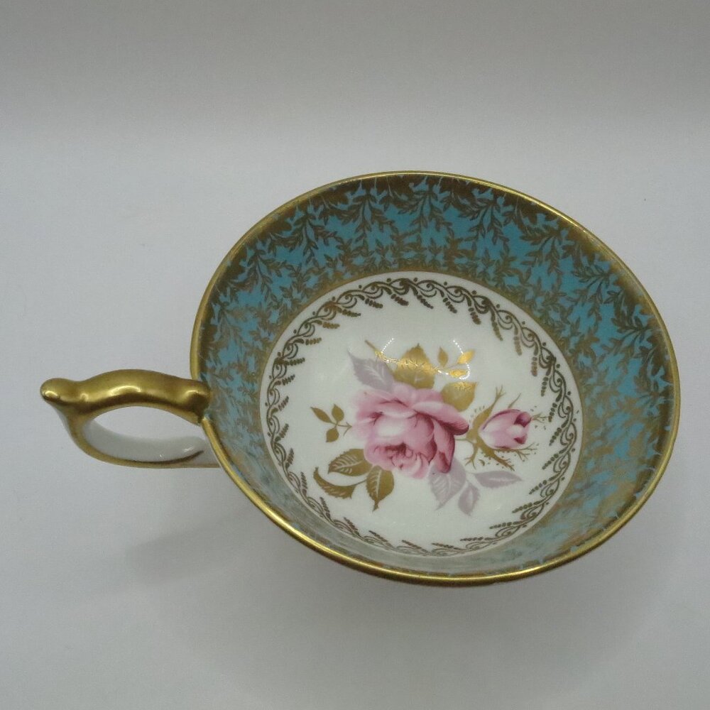 Aynsley Orphan Teacup Pink Cabbage Rose #2539 Turquoise Gold White Bone China